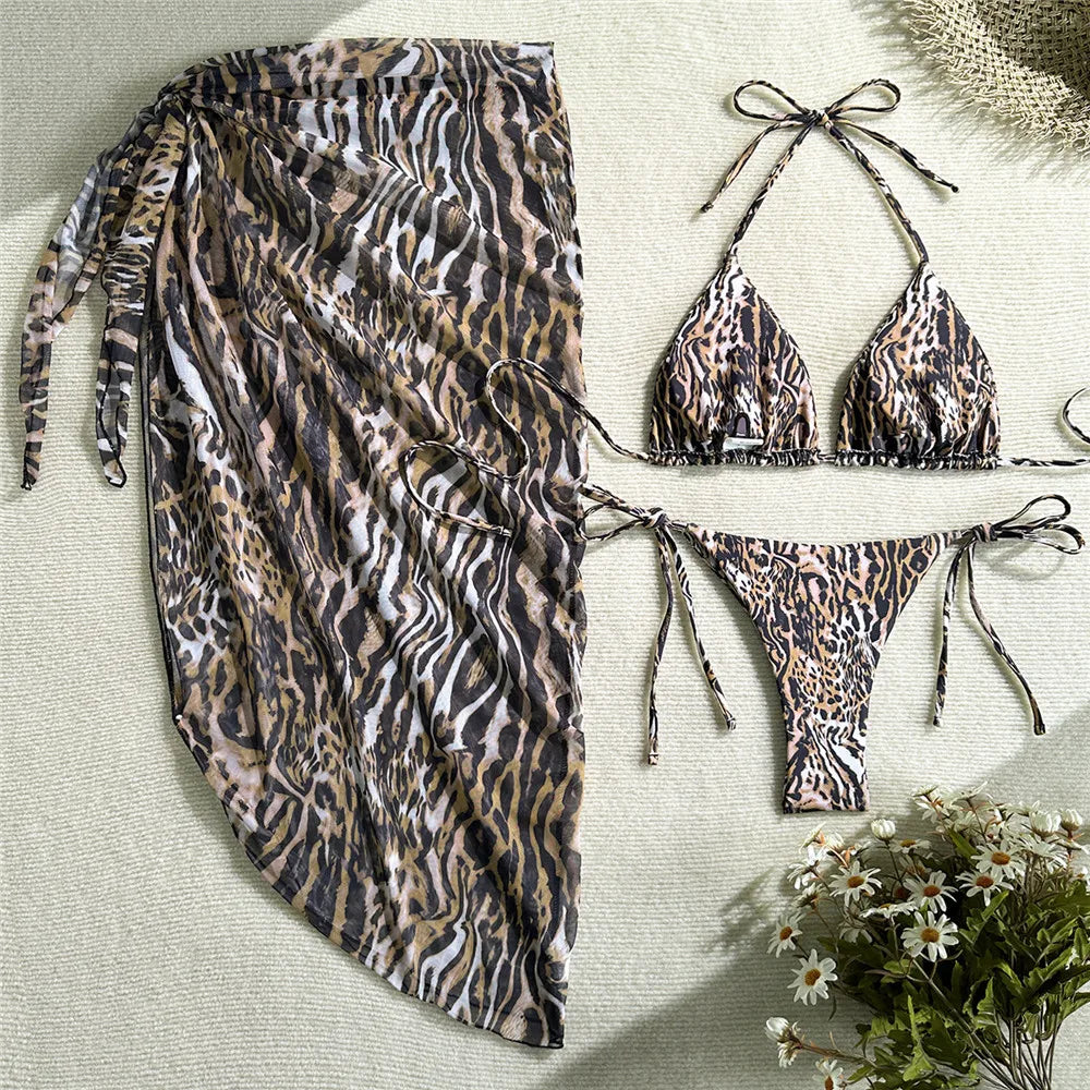 Voguable  Holiday Leopard Print Swimwear Cover Up Halter String Triangle Bikinis Sets 3 Pieces Micro Thong Sexy Swimsuit Woman  Bikini voguable