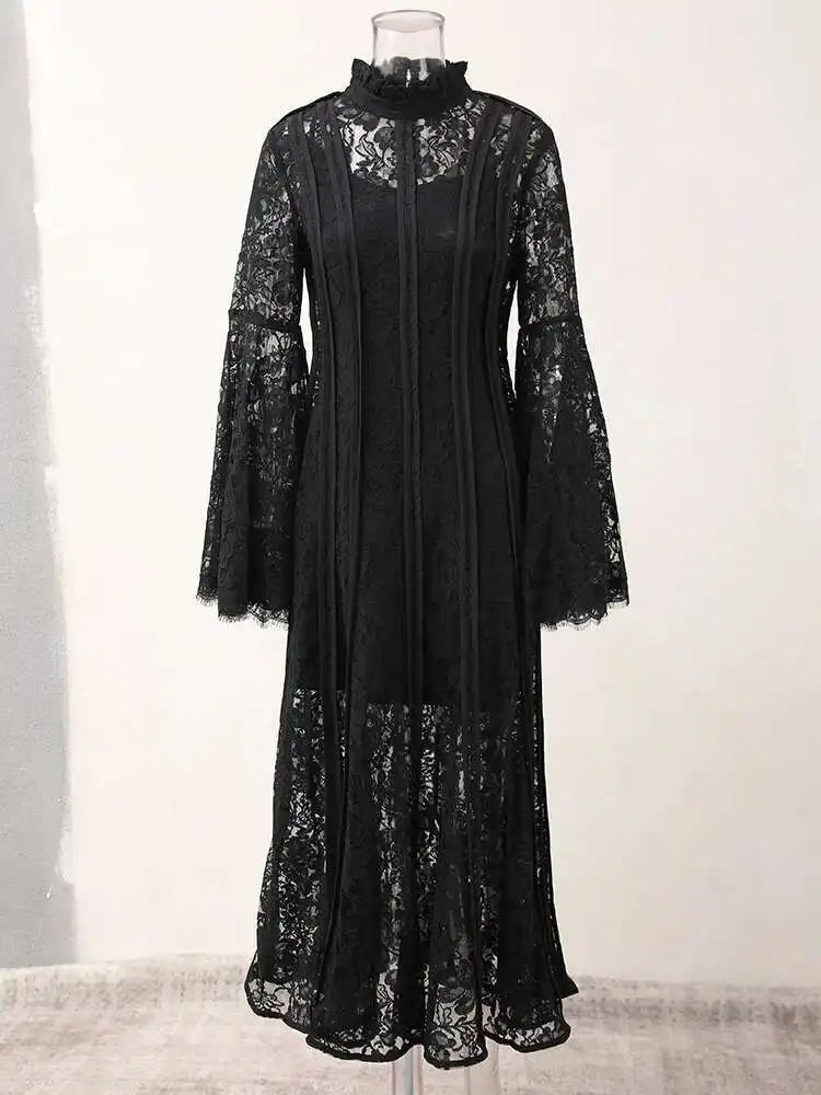Solid High Quality Evening Dresses For Women Stand Collar High Waist Long Sleeve Thin Elegant Dress Female Clothing voguable