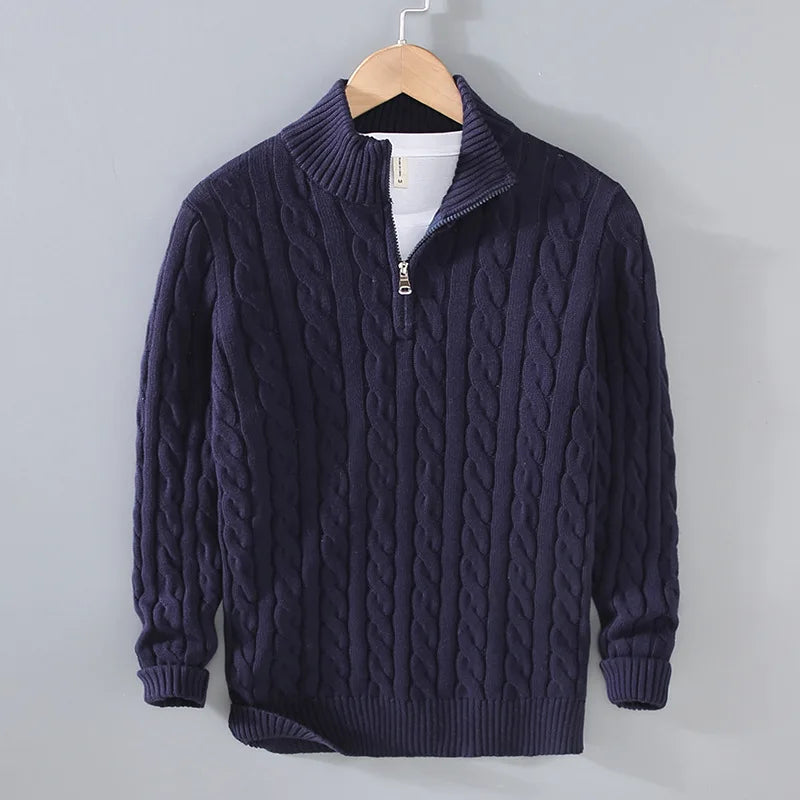Voguable  Autumn Winter New Men pullover Sweater Men's Stand Collar Half Zip Cotton 100% Thickened Knit Solid Color High Street Clothes voguable