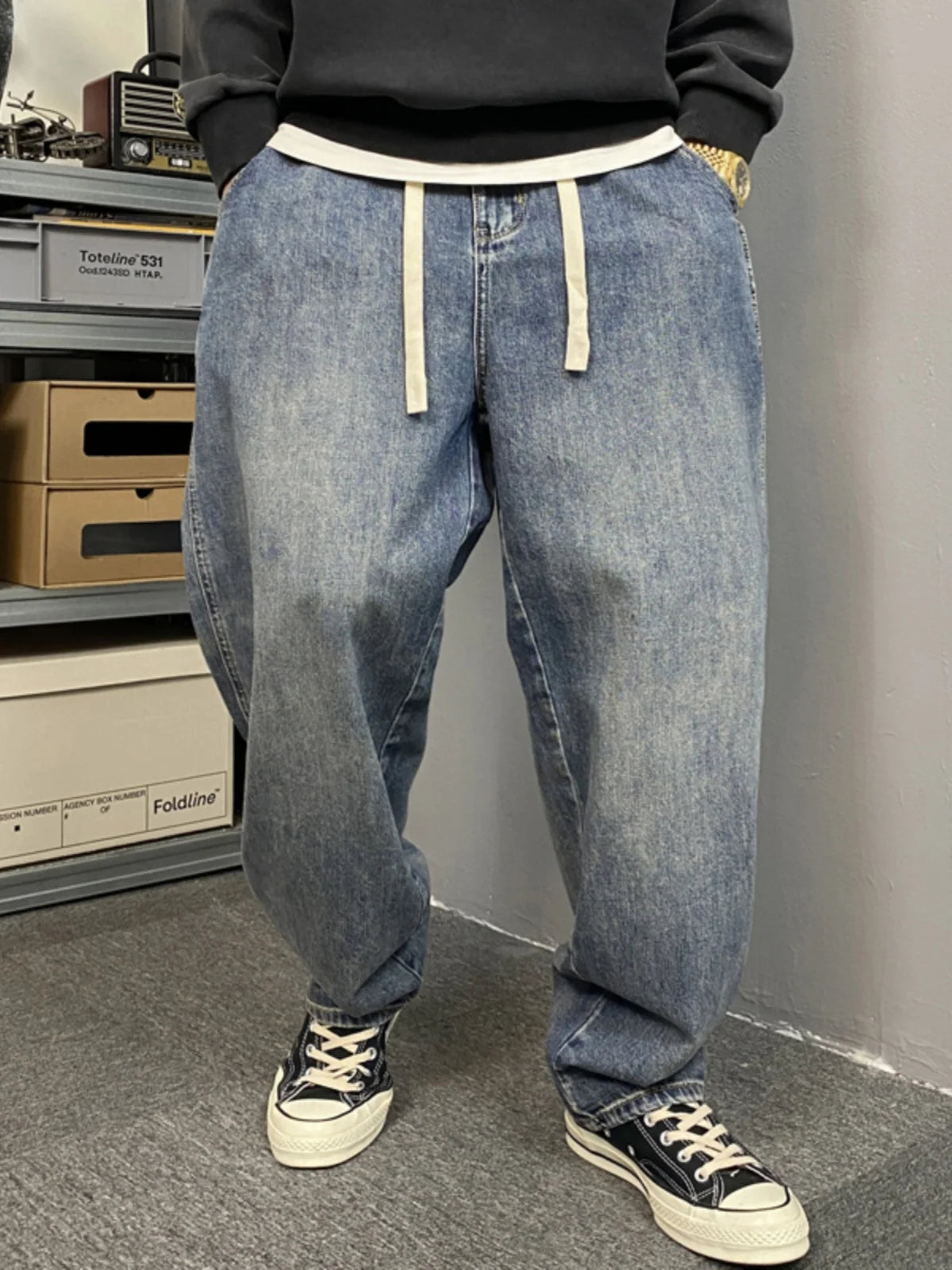 Voguable  American Style Casual Faded Wide Leg Jeans Men's Loose Fit plus Size Straight Cut Denim Pants Fashion Urban Wear Spring Autumn voguable