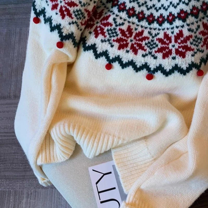 Sweet Print Christmas Red Sweater Women Cute O Neck Vintage Knitted Jumper Casual Korean Lady Fall Winter Preppy Style Loose Top voguable