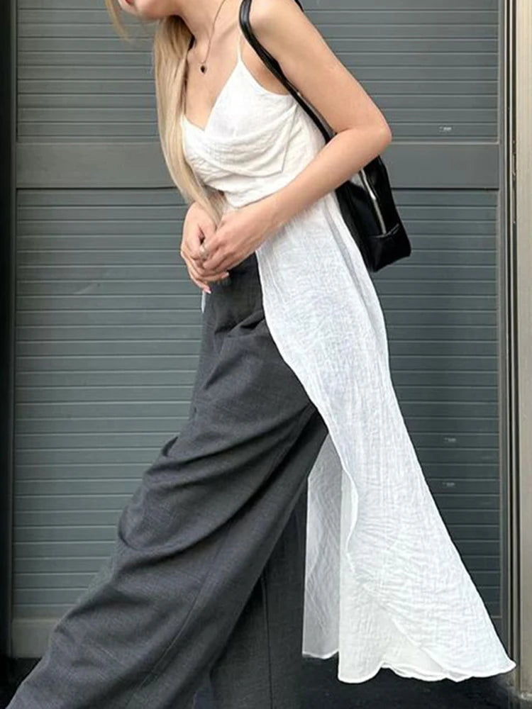 Beach Style Solid Long Camis Tops Holiday Slash Neck Sleeveless Tank Tops Women Summer Fashion Streetwear Tanks voguable