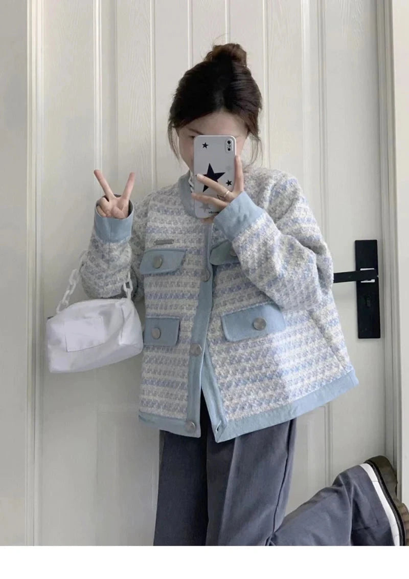 Fall Women Sweet Tweed Jacket Vintage Casual Long Sleeve Elegant Coat French Cute O Neck Women Fall Winter Retro Tops New voguable