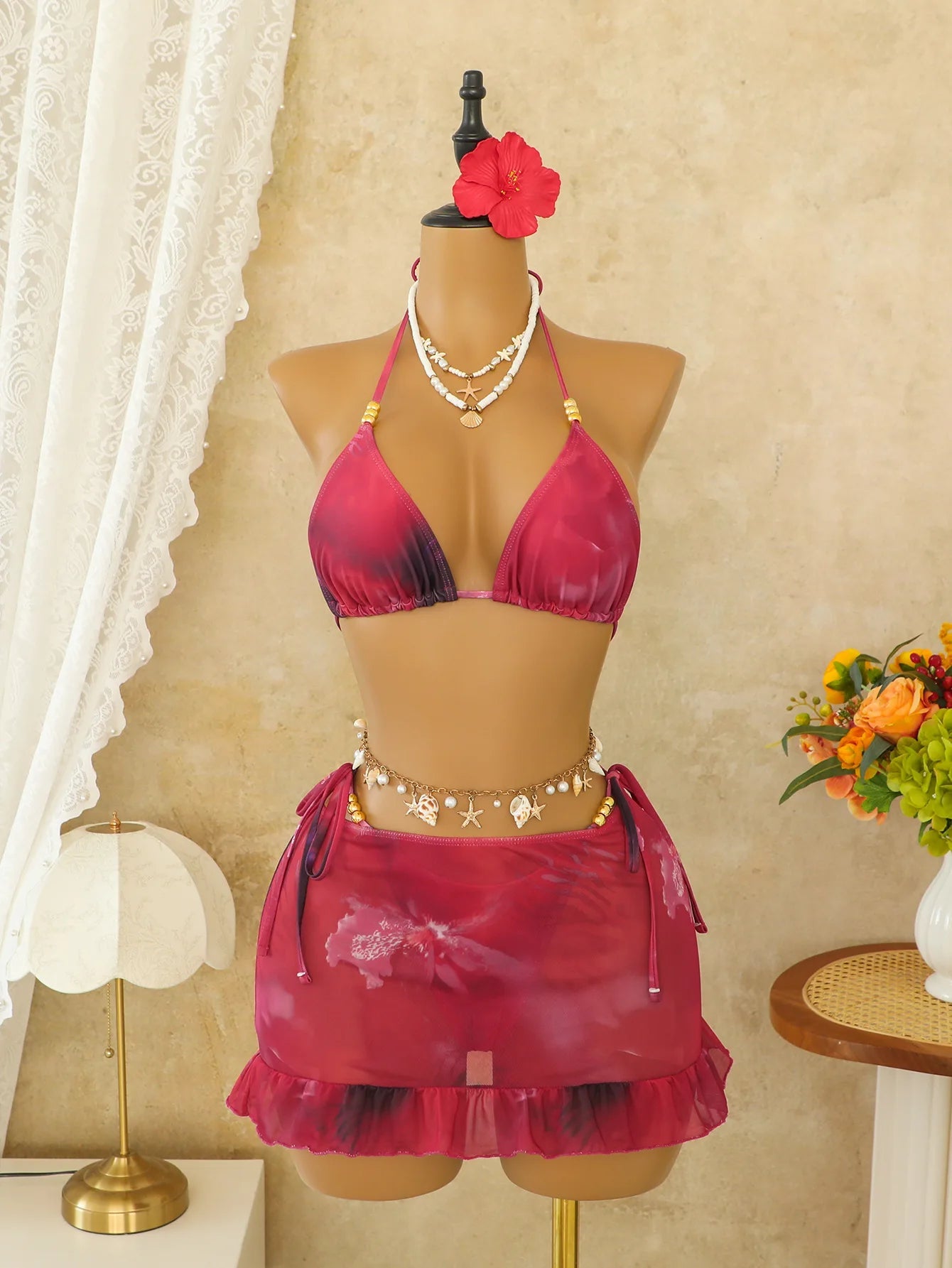 Voguable  Women Ombre Floral 3 Piece Bikini Set Bead Halter Triangle Top Side Tie Ruffle Hem Mesh Cover Up Skirt Beach Swimwear Bikinis voguable