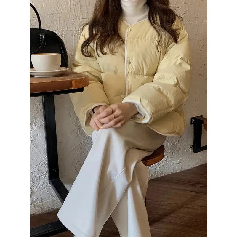 Sweet O Neck Cute Parkas Women Long Sleeve Preppy Style Warm Cotton Coat Japan Casual Female Solid Thick Warm Retro Jacket voguable