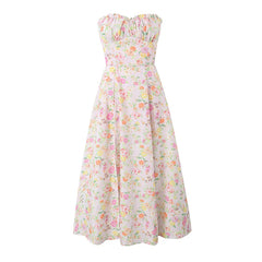 Women Floral Print Sexy Elegant Strapless Dress Front Slit A-line Midi Cotton Summer Dresses Party Robe