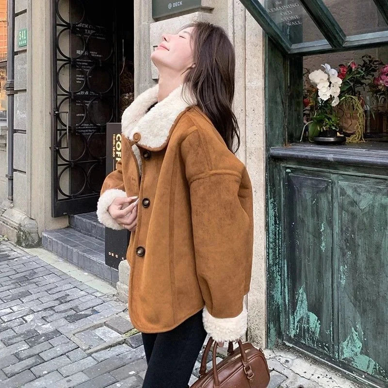 Y2K Faux Lamb Suede Jacket Women Warm Winter Streetwear Retro Coat Korean Casual Loose Long Sleeve Single Breasted Outwear voguable