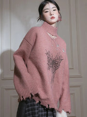 Hollow Out Hole Sweaters Women Vintage Bufferfly Print Lazy Wind Loose Knitted Jumper American Harajuku Y2K Retro Pullover New voguable