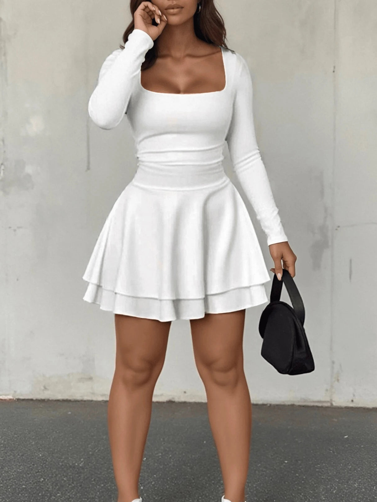 Voguable  Women's Square Neck Ruffle Hem Mini Dress Ruched Waist Long Sleeve Corset Short Party Dresses voguable