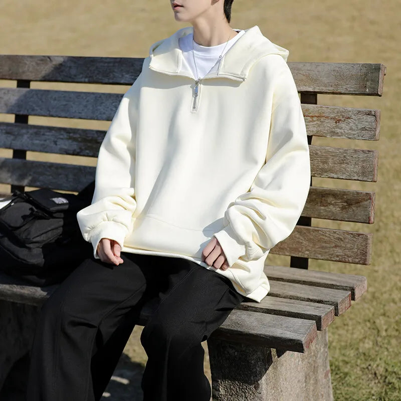 Spring Casual Hoodie Mens Half Zip Pullover Pure Color Streetwear Oversize Comfort Loose Fit Trending Hooded Sweatshirt voguable