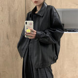 Spring Autumn Cool Retro Casual Oversized Black Waterproof Soft Faux Leather Jackets for Women Zipper Elastic Waist