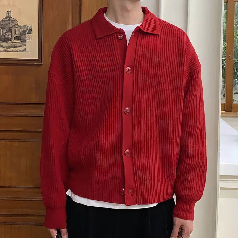 Men's Trend Red Green Daily Baggy Sweaters Button Cozy Knitted Cardiga Stylish Thermal Solid Color Long Sleeve Outerwears Male voguable
