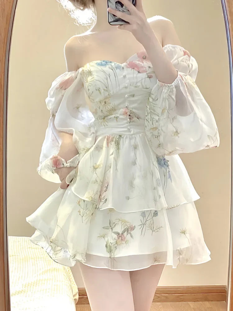 Voguable French Elegant Floral Mini Dress Chiffon Long Sleeve Evening Party Dress Women Holiday Beach Boho Fairy Dress Korean 2024 Robes voguable