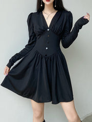 V-Neck Long Sleeve Pleated Party Dress mysite