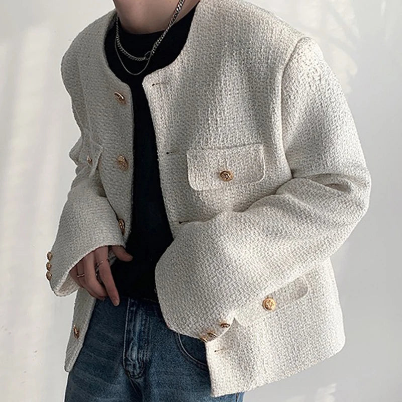 Korean Style Fashionable Tweed Round Neck Jacket Men Japanese Trendy High-end Single-breasted Short Jacket with Temperament voguable
