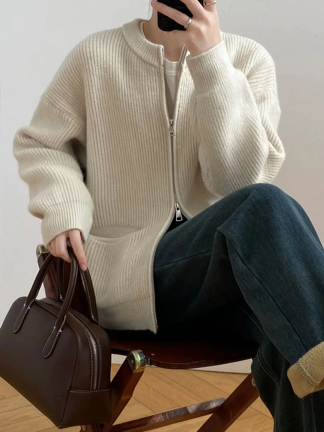 Sweater Cardigan Women Autumn Double Zipper Casual Korean Knitwear Coat Solid Color Loose Soft Long Sleeve Jackets Outerwear voguable