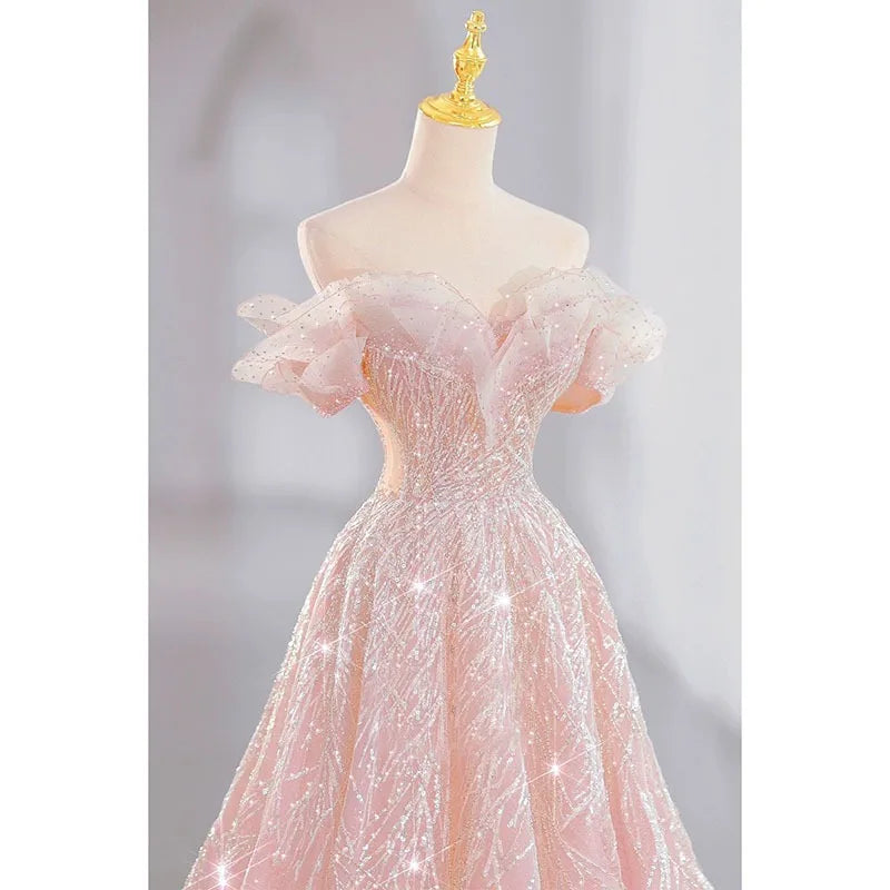 Voguable  New Dream Pink Princess Evening Dress The Bride Is Long and Slim Paillette Sexy Formal Dress Women Elegant Evening Dresses voguable