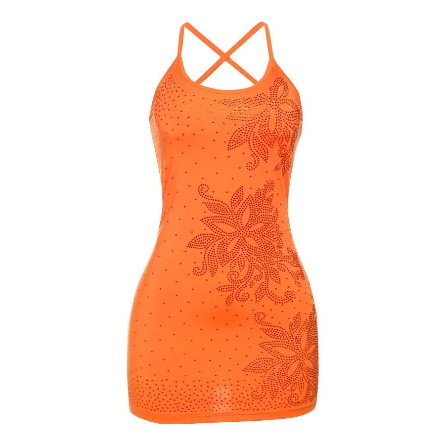 Sexy Flower Rhinestones Dress Women Low-Neck Cross Bandage Backless Fashion Vacation Thin Beach Party Style Mini Bodycon voguable