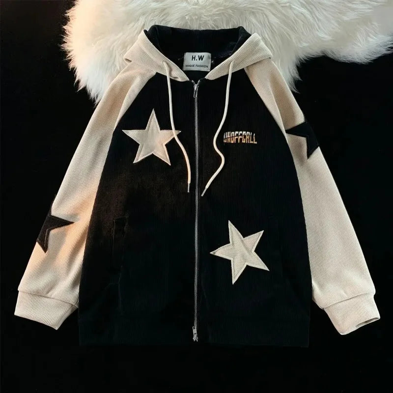 Voguable Y2K Harajuku Style New Fashion Star Patch Zipper Hooded Women Streetwear Popular Casual Joker Sweatshirt Unisex Stitching Tops voguable