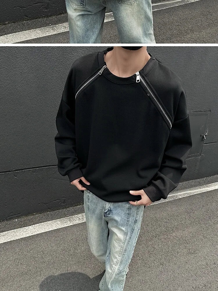 2025 Spring Men Sweatshirts Metal Zipper Solid Color Casual O Neck Fashion Oversize Streetwear Hip Hop Male White/Black voguable