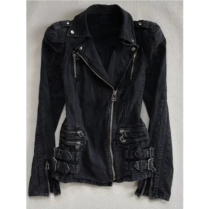 Voguable  WomenBlack Hooded Parka Jacket with Big Faux Fur Collar Gothic Metal Buckle Zip Up Slim Fit Winter Warm Coat Streetwear Y2K voguable