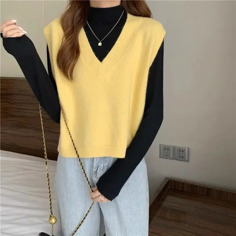 Women's Sweater Yellow Vest Short Knit Tops for Woman Green Crop V-neck Korean Style Winter Thermal Blouse Tall Long Sleeve Warm voguable
