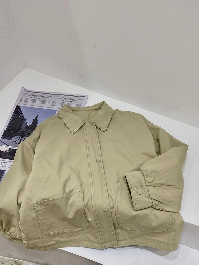 Fall Women Cargo Jacket Loose Preppy Style Long Sleeve Vintage Coat Casual Big Pockets American Retro Solid Bf Outwear Tops voguable