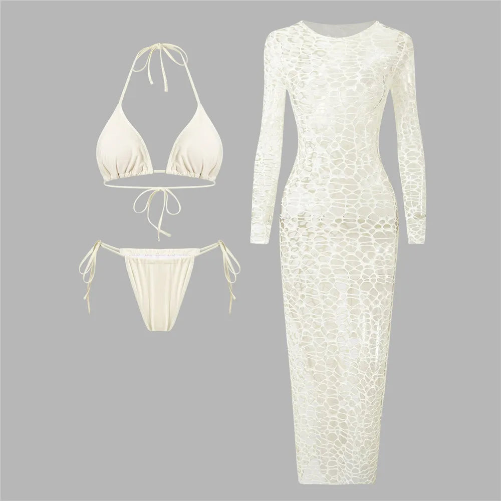 Voguable  Holiday Beige Hollow Out Dresses Swimwear Halter String Bikinis Sets 3 Pieces Micro Thong Sexy Swimsuit Women Beachwear voguable