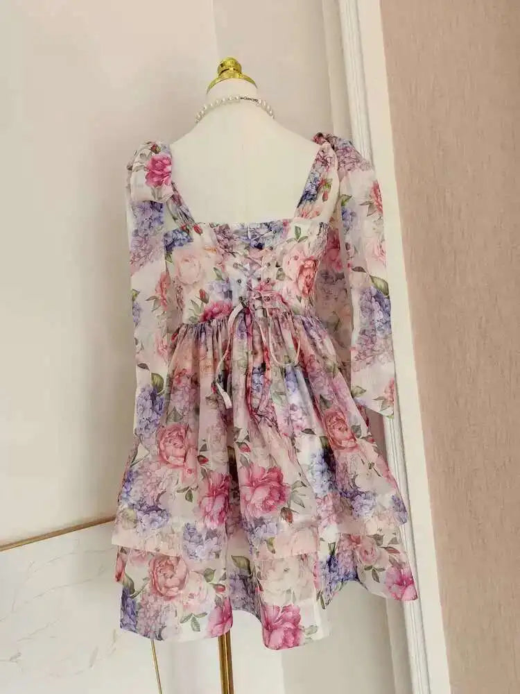 Fashion Women Dress Full Sleeve Square Collar Print Lace Up Bow Female Party Dress New Tide voguable