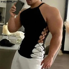 Fashion Men Tank Tops Solid Color Drawstring Hollow Out Sexy Male Vests Summer Streetwear 2025 Skinny Men Clothing S-3XL voguable