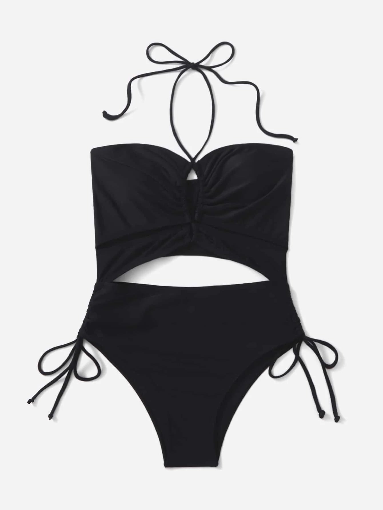 Voguable  Drawstring Swimsuit Solid Cut Out Knot Halter One Piece Swimwear Women Padded Bathing Suit Female Swimming Summer Beachwear voguable