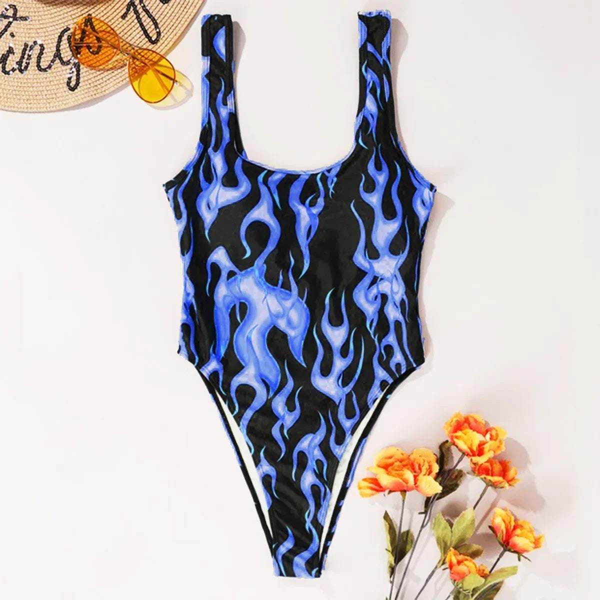 Voguable  Flame-print One-piece Swimsuit Women Sexy U-neck Slim Beach Bikini Suspender Backless Monokini Summer Swimwear Bodysuit voguable