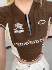 Voguable Techwear Stitching Printing T-shirt Fashion Zipper V-neck Top Streetwear Cool Hot girls Summer Short Sleeve Clothes voguable