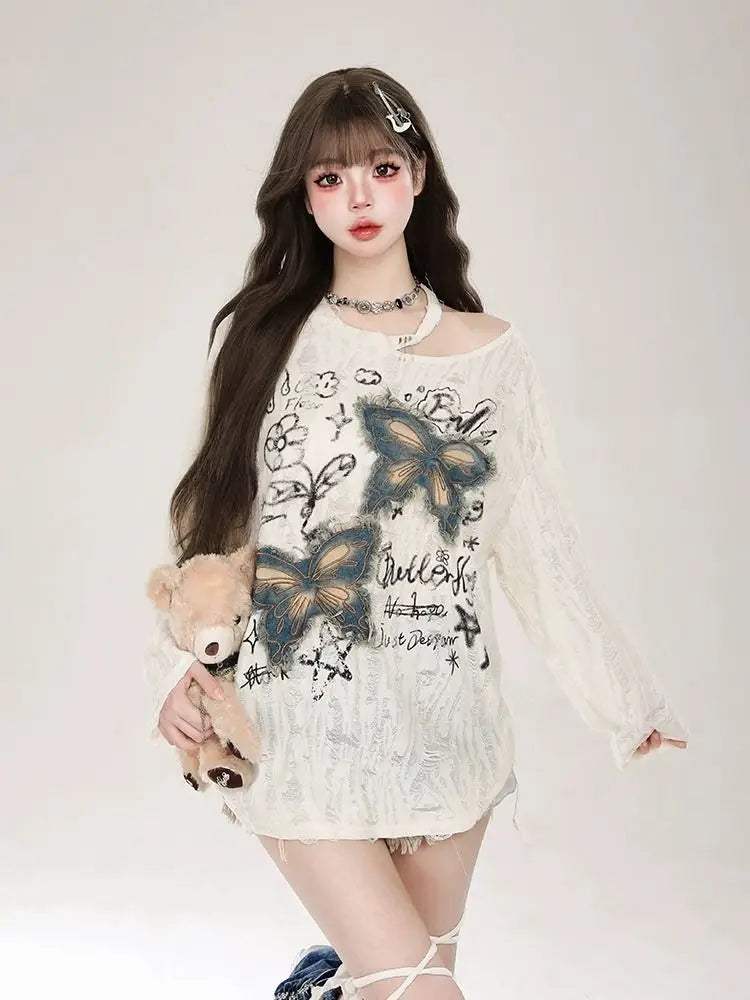 Y2k Holes Graphic Long sleeve T shirt Women Off shoulder Oversize Tops Female Spring Autumn Vintage s Basic Tees Streetwear voguable