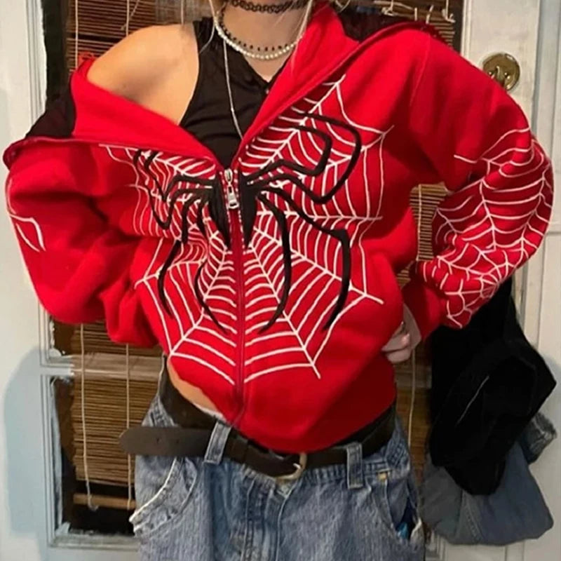 Y2k Rhinestone Skeleton Hoodies Women Gothic Black Zip Up Oversized Sweatshirts Female Retro Harajuku Hooded Jackets Streetwear voguable