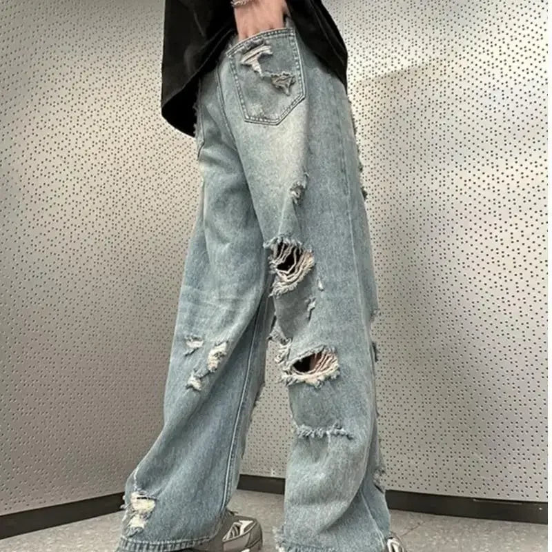 Vintage Distressed Straight-leg Jeans American Style Slimming Bell Bottoms Loose Fit High-waisted Summer Thin Version For Men voguable