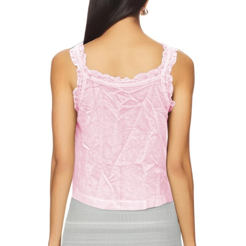 Women Y2k Lace Ruffle Trim Tank Top Fairycore Sexy Sheer Button Front Scoop Neck Camisole Cute Going Out Crop Tops Boho Vest voguable