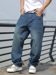 Voguable  1pc Men's American Vintage Washed Distressed Straight Leg Loose Casual Baggy Jeans voguable
