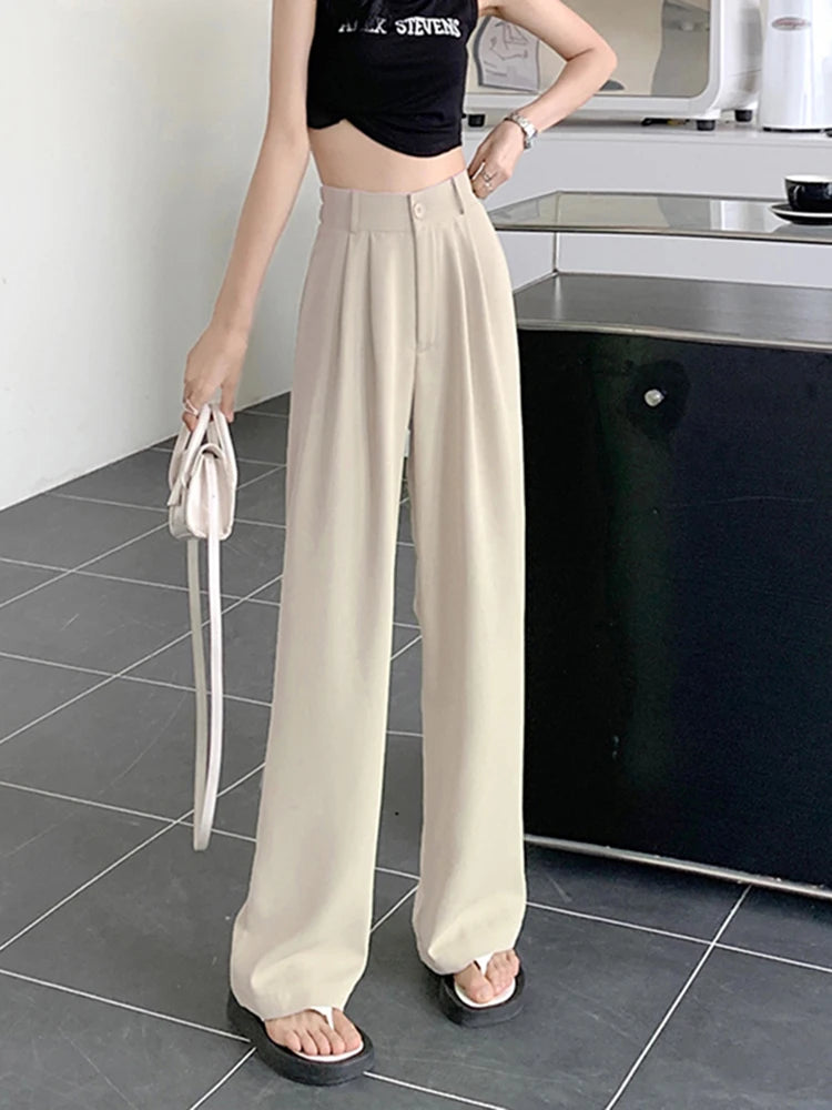 Voguable  Elastic High Waist Women Suit Pants Casual Loose Summer Straight Trousers Korean Simple Solid Female Pant voguable