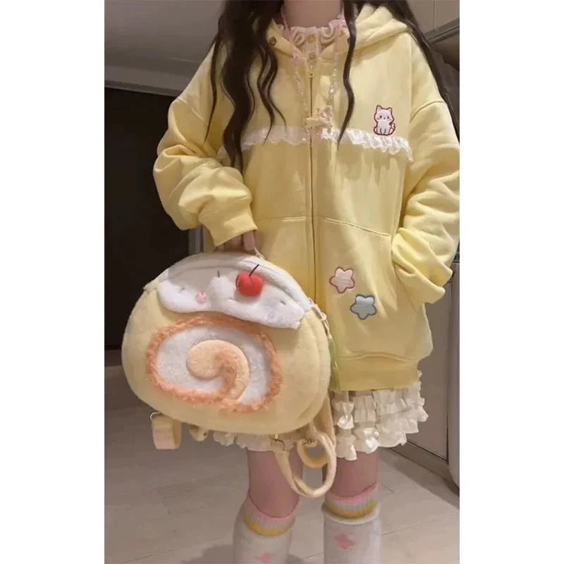 Women Cute Cartoon Hoodies Vintage Lace Patchwork Loose Sweet Sweatshirts Fall Preppy Style Japan Pockets Lady Kawaii Tops voguable