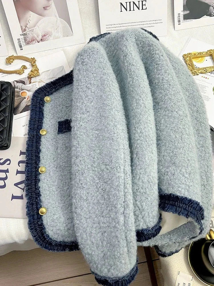 Sweet Thick Warm Tweed Jacket Women O Neck Long Sleeve Winter Cotton Coat Elegant Fashion Patchwork Korean Chic Outwear Top voguable