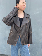 Streetwear Worn Effect Bike Leather Jackets For Women Oversized Boyfriend PU Leather Jacket Women Loose Zipper Brown Coat voguable