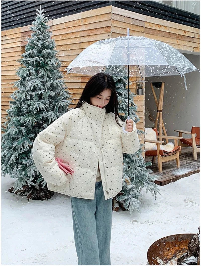 Dot Sweet Warm Parkas Women Long Sleeve Retro Winter Thick Cute Cotton Coat Casual Stand Collar Pockets Korean New Jacket voguable