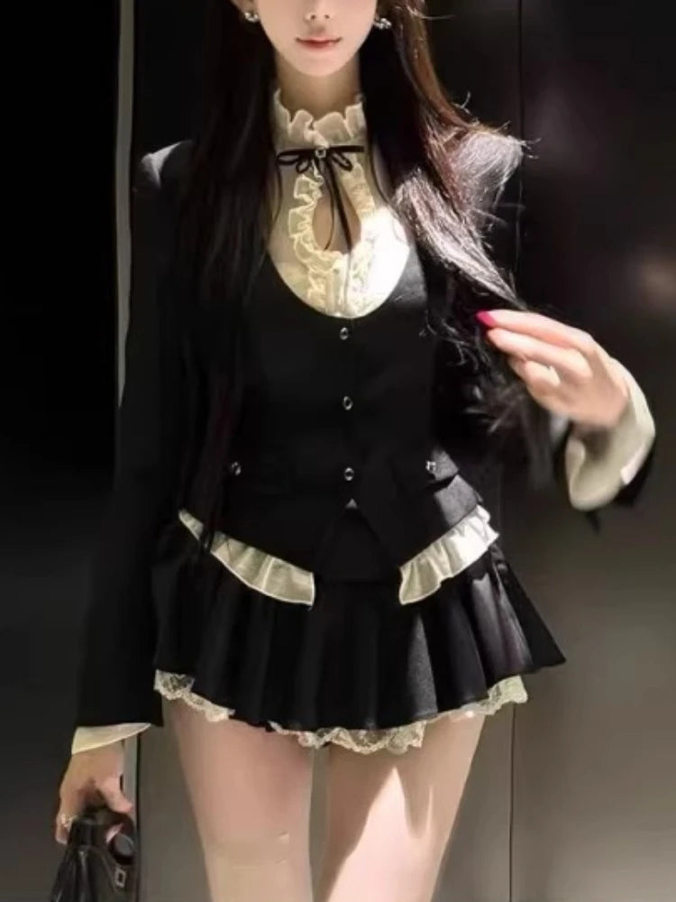 Voguable  Korean Style Chic Spicy Girl Black Suit Jacket Women Elegant Hollow Out White Shirt Puffed Mini Skirt Fashion Three-piece Set voguable