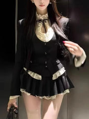 Voguable  Korean Style Chic Spicy Girl Black Suit Jacket Women Elegant Hollow Out White Shirt Puffed Mini Skirt Fashion Three-piece Set voguable