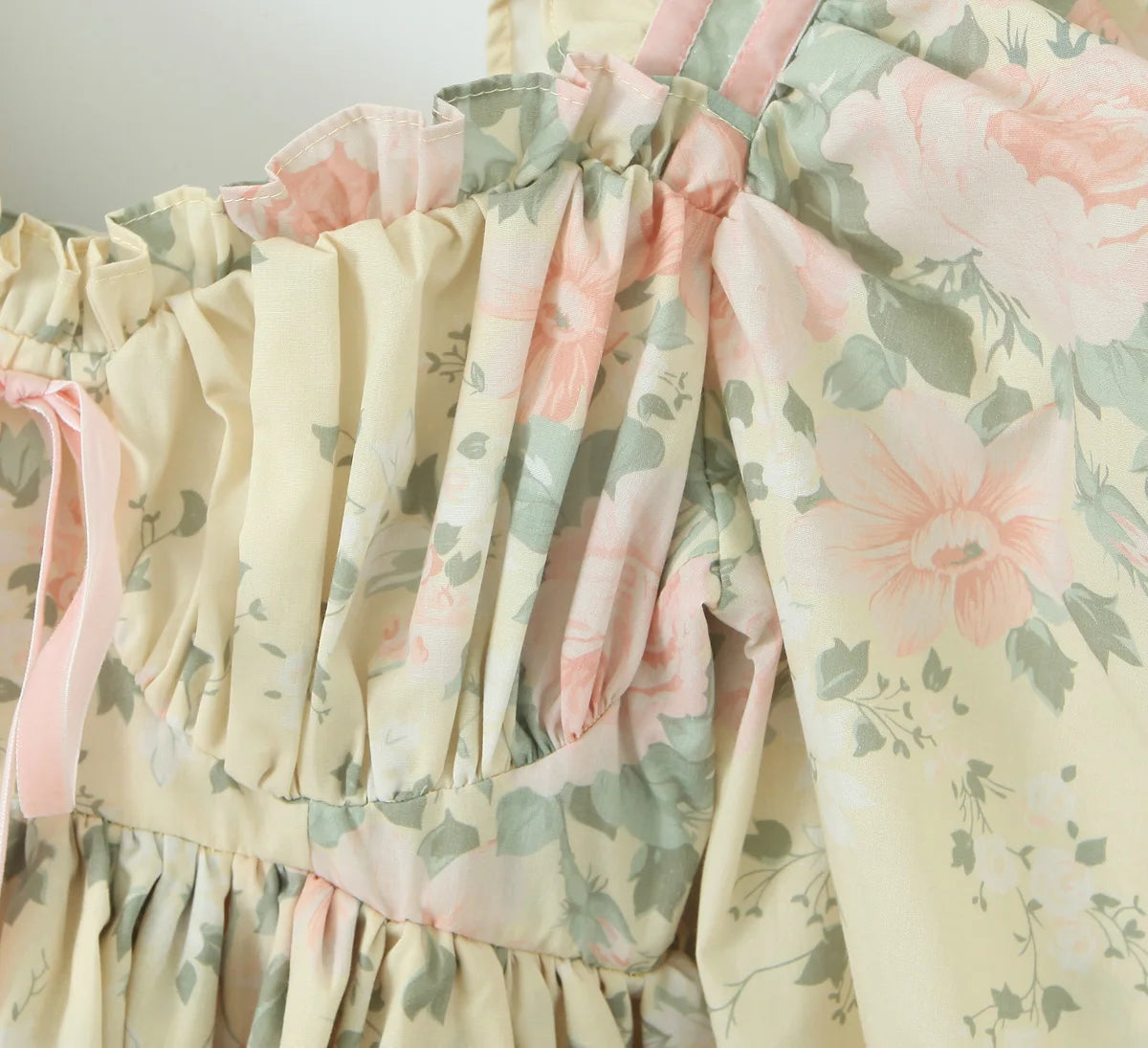 Voguable Princess Yellow Flower Print Bow Wood ears Square Collar Lantern Sleeve Dress Women Ruched Chest Ball Gown Swing Mini Robe Fairy voguable