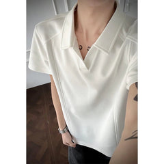 Voguable  Men Oversized Drop Shoulder Polo Shirt, Summer Breathable Short Sleeve Top, Minimalist Loose Fit Curved Hem Casual Wear Clothing voguable