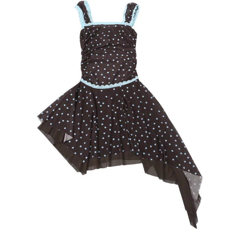 Voguable  Summer Cute Girl's Style Dress Polka Dot Printed Sleevelss Irregular Ruched Hem Slim Women Ruched Birthday Party Mini Dress voguable