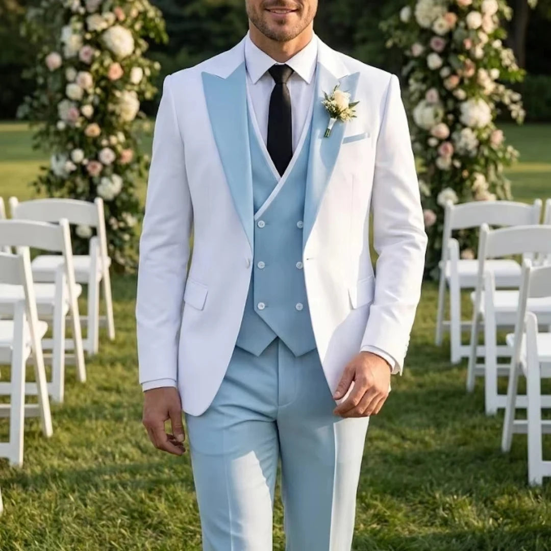 Voguable  Men Suit Sky Blue White 3 Pieces With Lapel For Wedding Groom Party Prom Birthday Banquet Business Work Set Jacket Vest Pant voguable