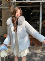 Preppy Style Sweet Parkas Women Cute Long Sleeve Vintage Faux Fox Hooded Cotton Coat Korean Winter Thick Warm New Outwear voguable